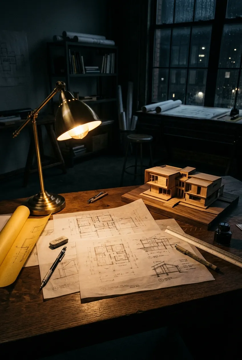Desk with house plan sketches and a timber model in the NDB Architecture studio