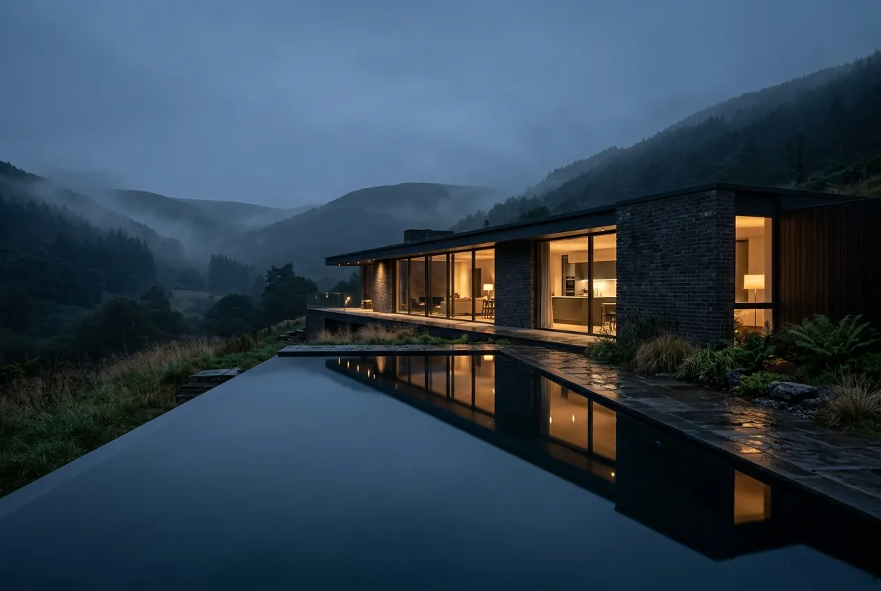 Long low brick new build house in the Usk Valley, Monmouthshire, reflected in a pool at twilight