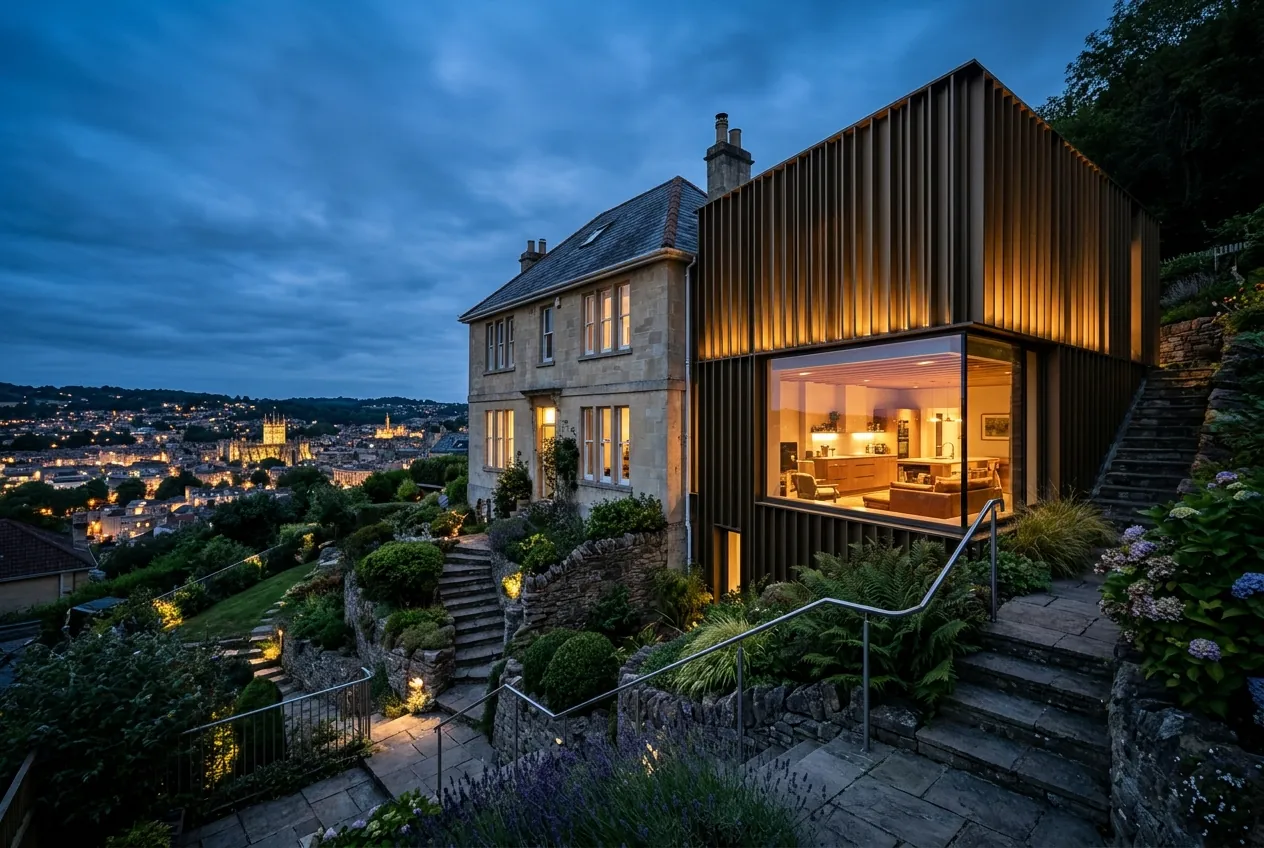 Bronze-finned rear extension to a Bath stone house in Lyncombe overlooking the city