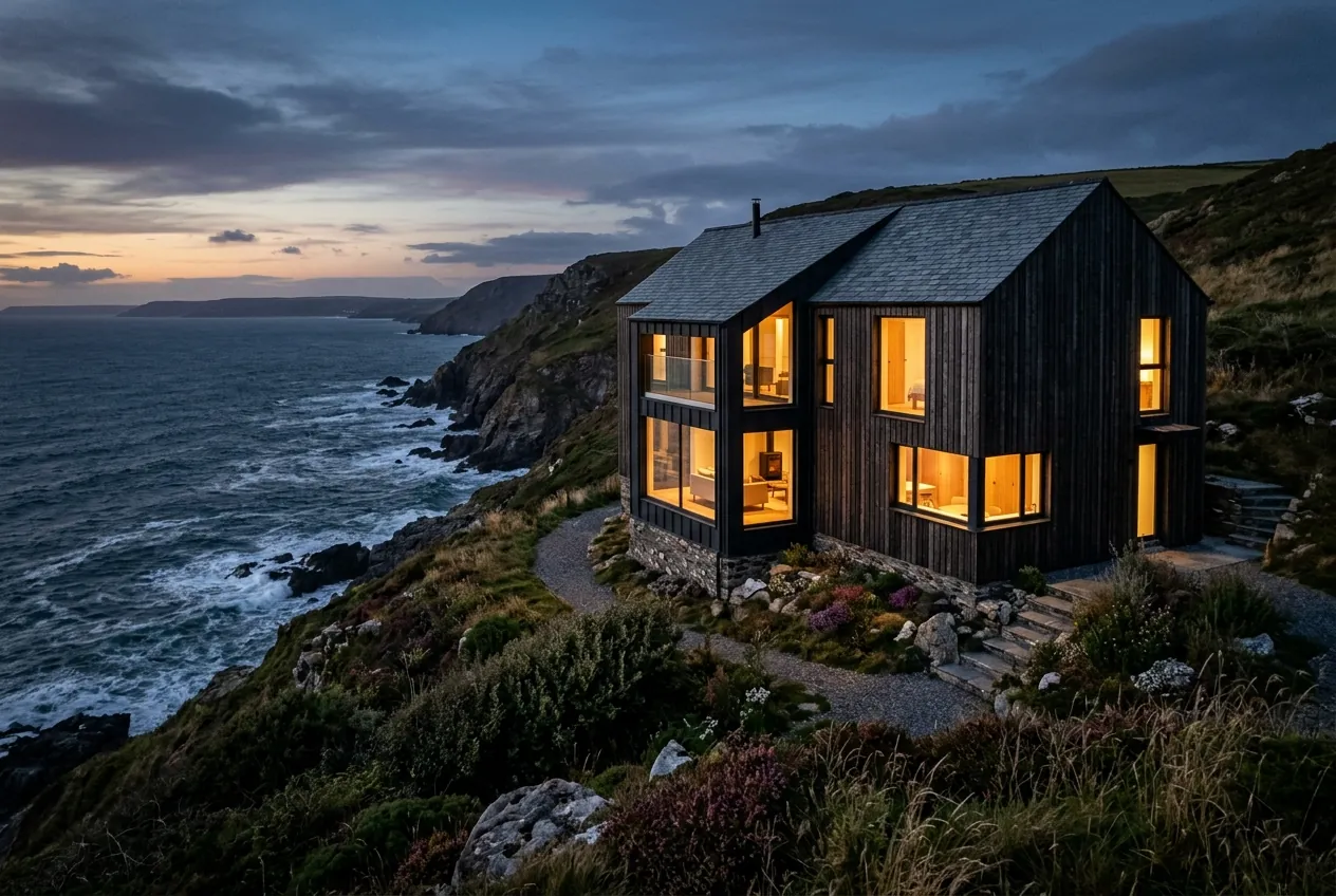 Charred timber house on the North Devon coast at twilight