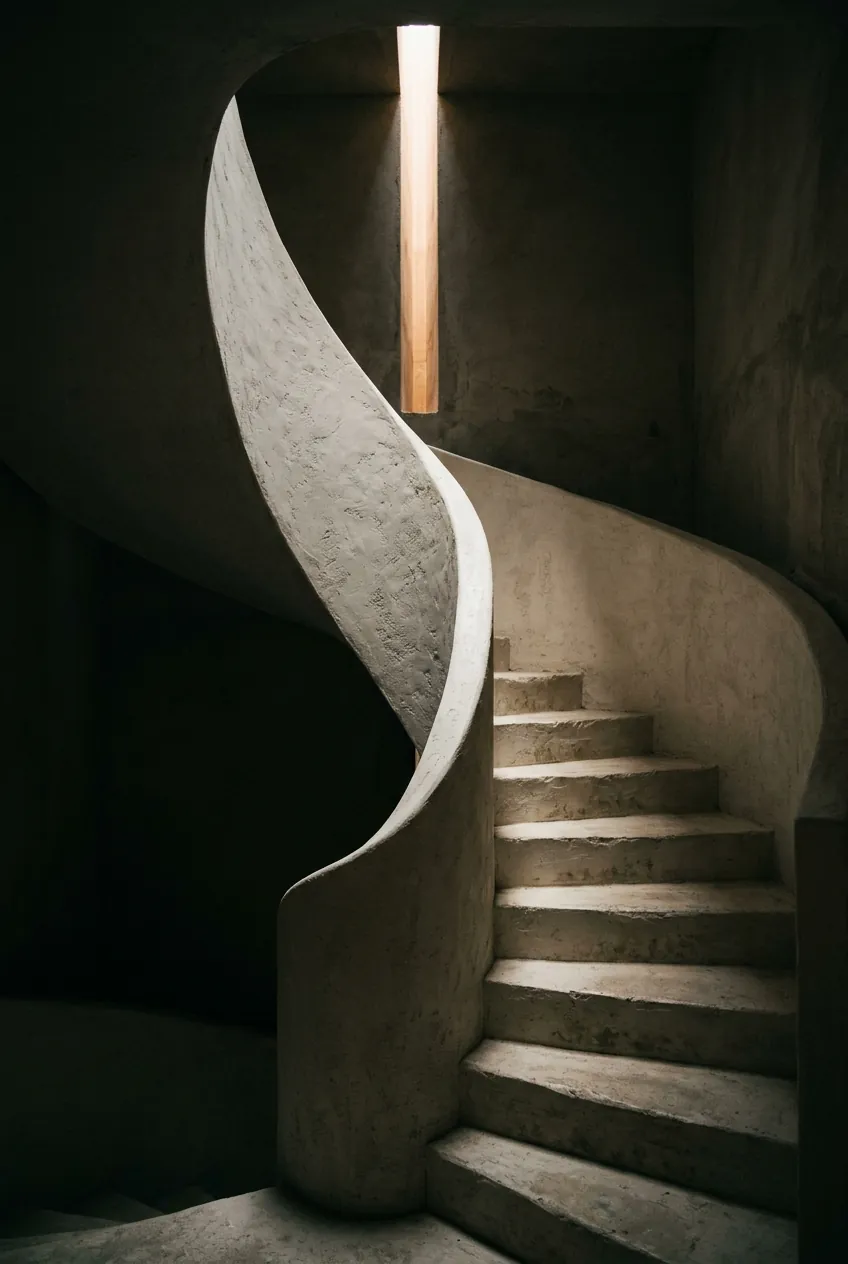 Lime-plaster stair lit by a single slot of daylight