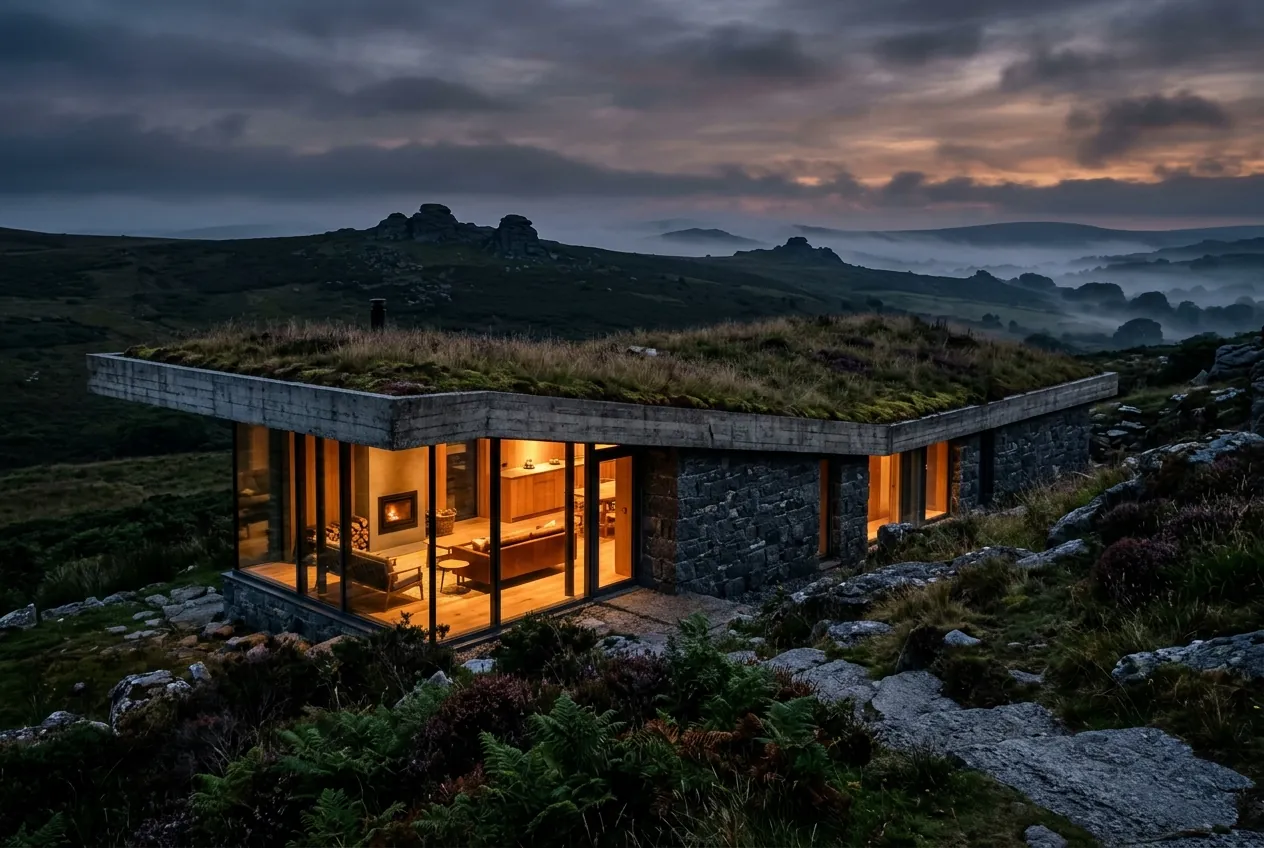 Turf-roofed new build house on the edge of Dartmoor, Devon, at twilight